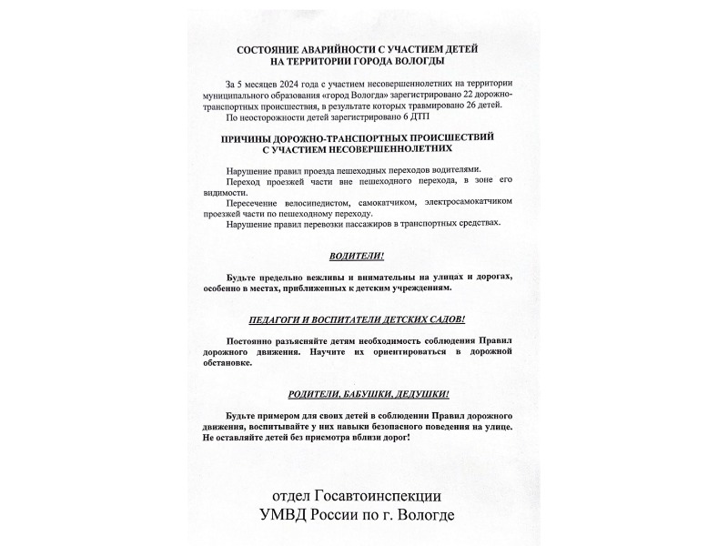 Состояние аварийности с участием детей на территории города Вологды.
