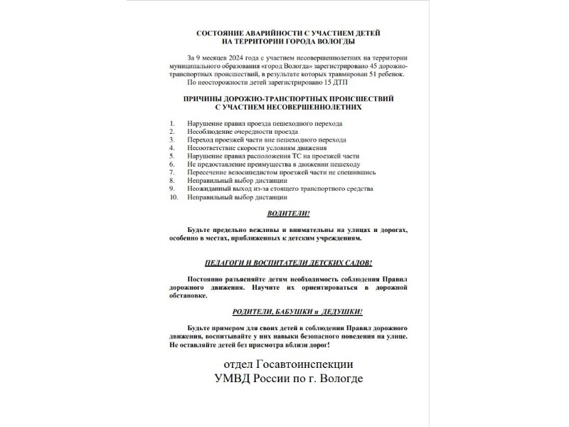 Состояние аварийности с участием детей на территории города Вологды.