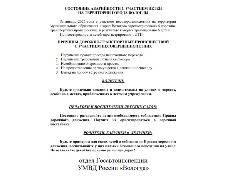 Состояние аварийности с участием детей на территории города Вологды за январь 2025 г..